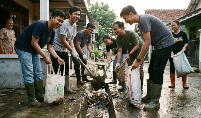 Sekelompok anak muda bergotong royong membersihkan selokan dari tumpukan sampah sebagai aksi nyata peduli lingkungan mencegah bencana alam banjir.