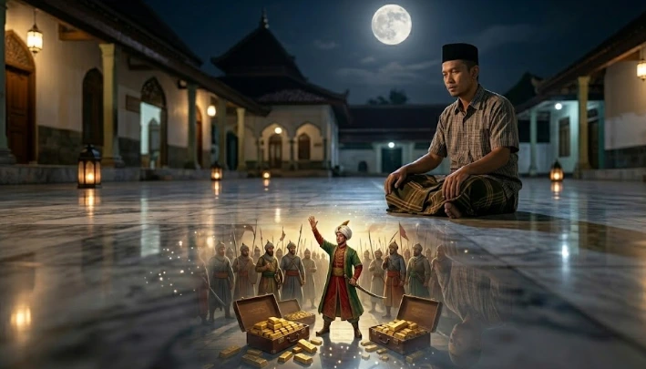 lustrasi pria merenung di masjid melihat pantulan Sultan Muhammad Al-Fatih menolak koper berisi emas, sebagai metafora cara memilih pemimpin berintegritas dan menolak pemimpin korup.