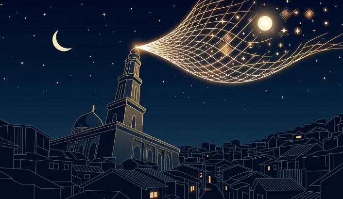 Ilustrasi konseptual jaring cahaya memancar dari menara masjid menangkap bintang dan bulan di langit malam, menyimbolkan umat Islam yang sedang menjaring kemuliaan Lailatul Qadr 2026 di pemukiman padat.