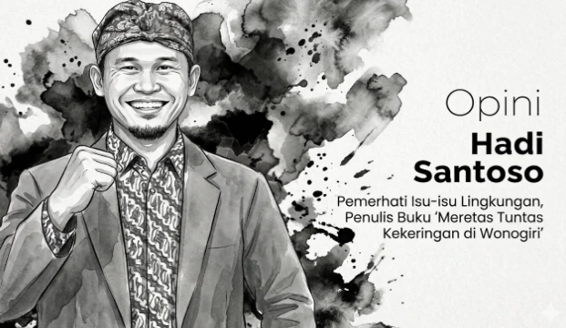 Ilustrasi hitam putih Hadi Santoso mengenakan batik dan blangkon, pemerhati isu lingkungan, untuk artikel opini darurat sampah pada Hari Lingkungan Hidup Sedunia.