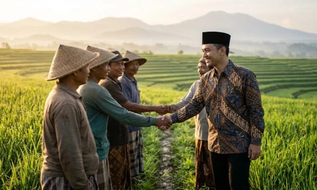 Pemimpin muda Muslim mengenakan peci dan kemeja batik tersenyum hangat menjabat tangan sekelompok petani di tengah sawah terasering, mewakili harmoni dakwah budaya Jawa dan pendekatan akar rumput.