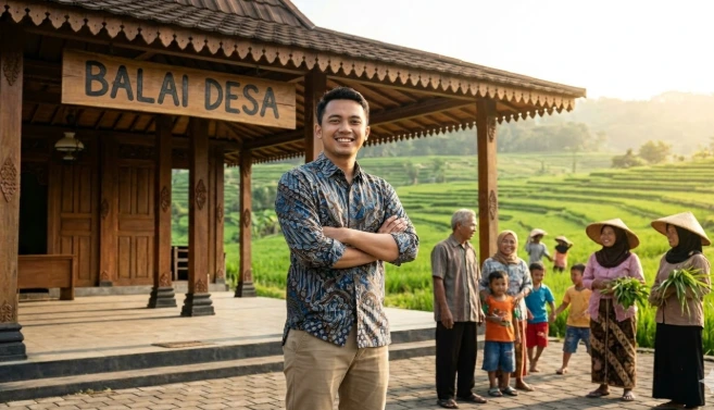 Sosok pemimpin muda inspiratif mengenakan kemeja batik berdiri tersenyum bangga di depan bangunan kayu bertuliskan Balai Desa, dengan latar belakang warga desa dan area persawahan hijau yang merepresentasikan kesuksesan inovasi desa.