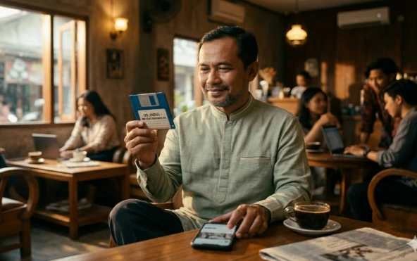 Seorang pria paruh baya di kafe memegang floppy disk biru bertuliskan 'OS. JADUL' dan mengamatinya dengan senyum, sementara smartphone diletakkan di meja.