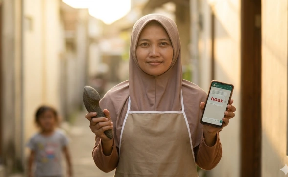 Wanita Muslim dengan Ulekan tradisional dan Smartphone Menampilkan Kata "HOAX"