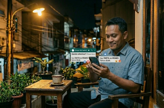 Foto ilustrasi seorang pria paruh baya duduk di teras rumahnya pada malam hari, menatap smartphone dengan senyum. Di atas smartphone terdapat dua elemen visual percakapan chat melayang. Kotak kiri bertuliskan: '[Group: Info Terkini] Oposisi orkestrasi? [Pesan Baru]'. Kotak kanan dengan teks perbesar bertuliskan: 'Iya, FAKTA vs HOAKS harus dicek.' lengkap dengan ikon 👍, 😮, dan ❤️. Di meja di sampingnya ada secangkir kopi panas yang mengepul dan banyak tanaman pot di sekitarnya.